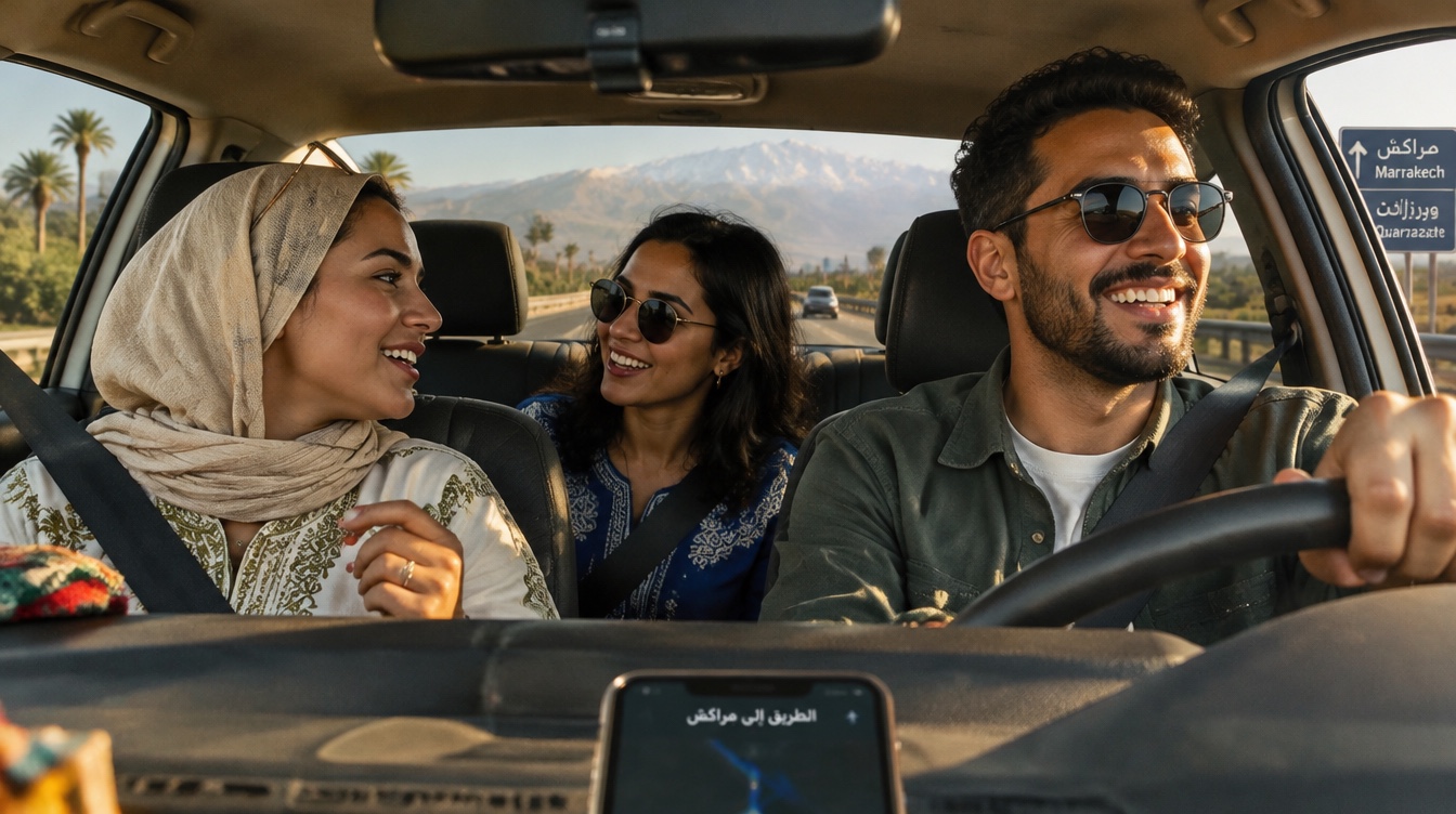 Passagers marocains partageant un trajet en voiture sur la route