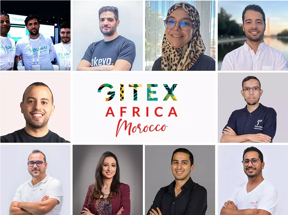 Mosaïque de portraits des fondateurs des dix start-up sélectionnées par TelQuel autour du logo GITEX Africa Morocco